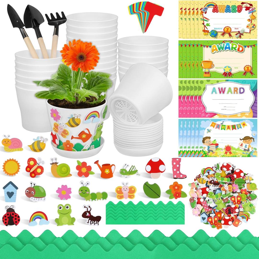 Elcoho 24 Packs Garden Plastic Pot Craft Kit Plant Spring Craft Kits for Kids Flower Pots with 150 Foam Stickers 36 Labels 24 Certificate of Awards 3 Tools Planting Growing Kit for Kids
