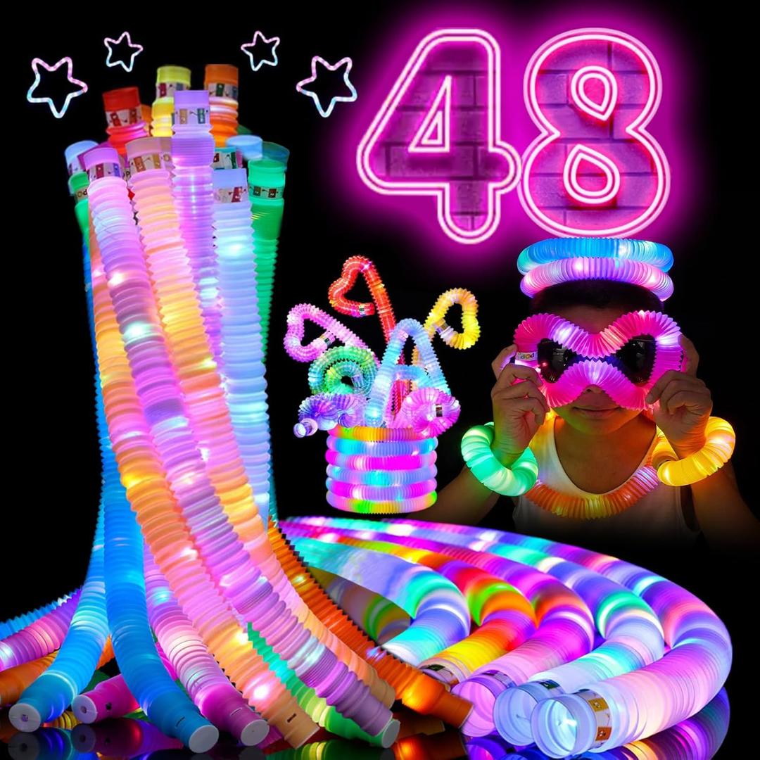 48 PCS Glow in The Dark Party Supplies, Light Up LED Pop Tubes, Glow Sticks Sensory Toys Birthday Party Favors for Kids, Light Up Toys Goodie Bag Stuffers Gifts Prize