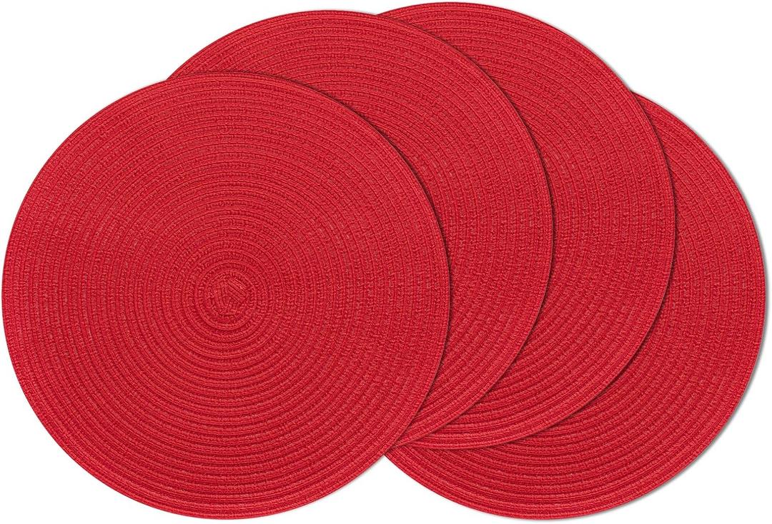 SHACOS Round Placemats Set of 4 Non Slip Washable Place Mats 15 inch Cotton Polyester Braided Placemat for Christmas Home Wedding Party Dining Table Decor (Red, 4)