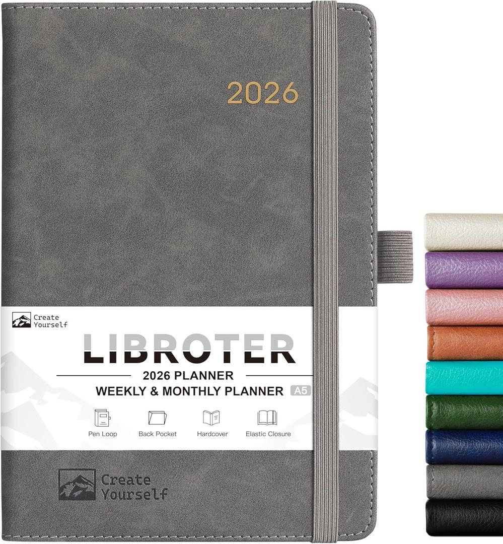 2026 Planner - Planner 2026, 2026 Weekly Monthly Planner, Jan.2026 - Dec.2026, 5.7'' x 8.4'', Thick Paper, Leather Cover, Pen Holder, Back Pocket, Bookmarks, Perfect Daily Organizer - Brown - Grey