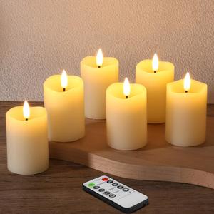 Ivory Flameless Votive Candles with Remote Batteries, Small 2x3 inch LED Wax Pillar Candles Flickering Set of 6