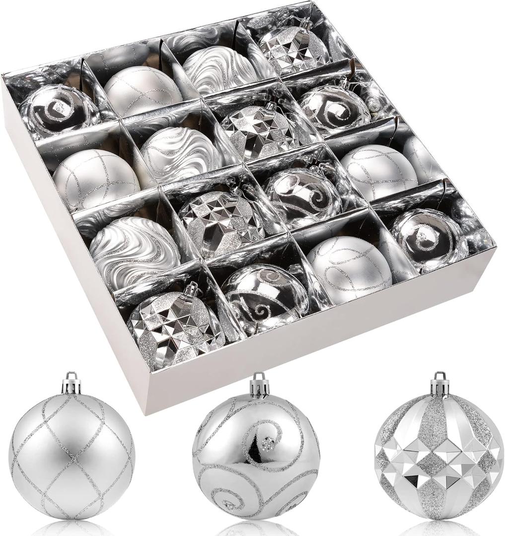3.15" Silver Christmas Ball Ornaments Set, 16pc Silver Xmas Tree Ornaments Decoration, Shatterproof Large Decorative Hanging Balls with Loop for Christmas Party Holiday Wreath Garland Home Decor