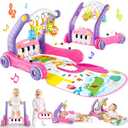 4-in-1 Baby Gym Play Mat with Learning Walker, Tummy Time Mat & Baby Push Toys for Newborn Infant 0-3-6-9-12 Month Boy Girl, Babies Activity Center with Play Piano & Lights, Ideal Toddler Babies Gifts (Pink)