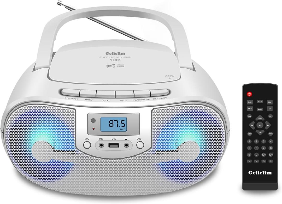 Portable Stereo CD Player Boombox, FM Radio with Bluetooth, Remote Control,CD Players for Home with Headphone/Mic Jack, LED Light Support CD-R/RW/MP3, USB, AC/Battery Operated, White