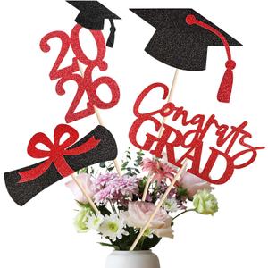 20 PCS Graduation Decorations Class of 2026, Black and Red Double-Sided Centerpieces, Grad Cap Sticks, Table Toppers, Graduation Party Decorations