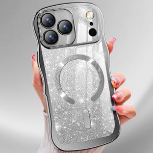 Misscase for iPhone 17 Pro Max Case,with Privacy Screen Protector,Compatible with MagSafe,Bling Glitter Cute Curly Wave Border Phone Cover for Women Men, Drop Protection Anti-Slip Silver