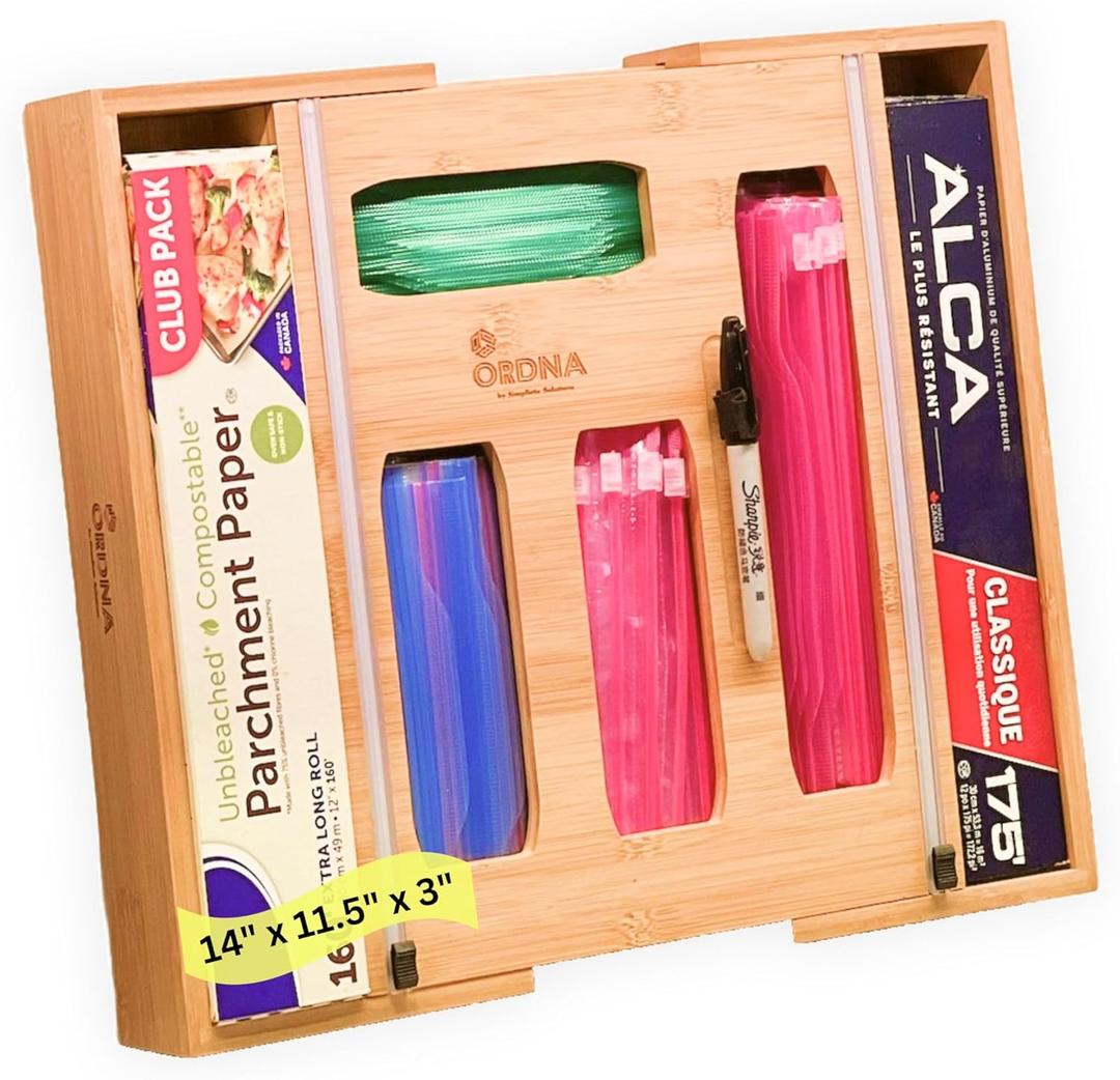 Ordna 6 IN 1 Bamboo Baggie Organizer for Drawer, Storage Bag Organizer Kitchen Drawer for Foil, Aluminum, Saran Wrap, Compatible with Quart, Gallon, Sandwich and Snack Size Bags
