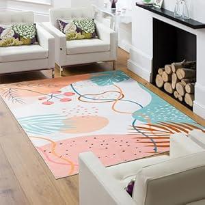 Area Rug 6x9, Large Vintage Boho Rug,Ultra-Soft Low Pile, Washable, Non Slip,Stain Resistant, Printed Carpet for Living Room Bedrooms Playroom Office Kitchen, Light/Floral