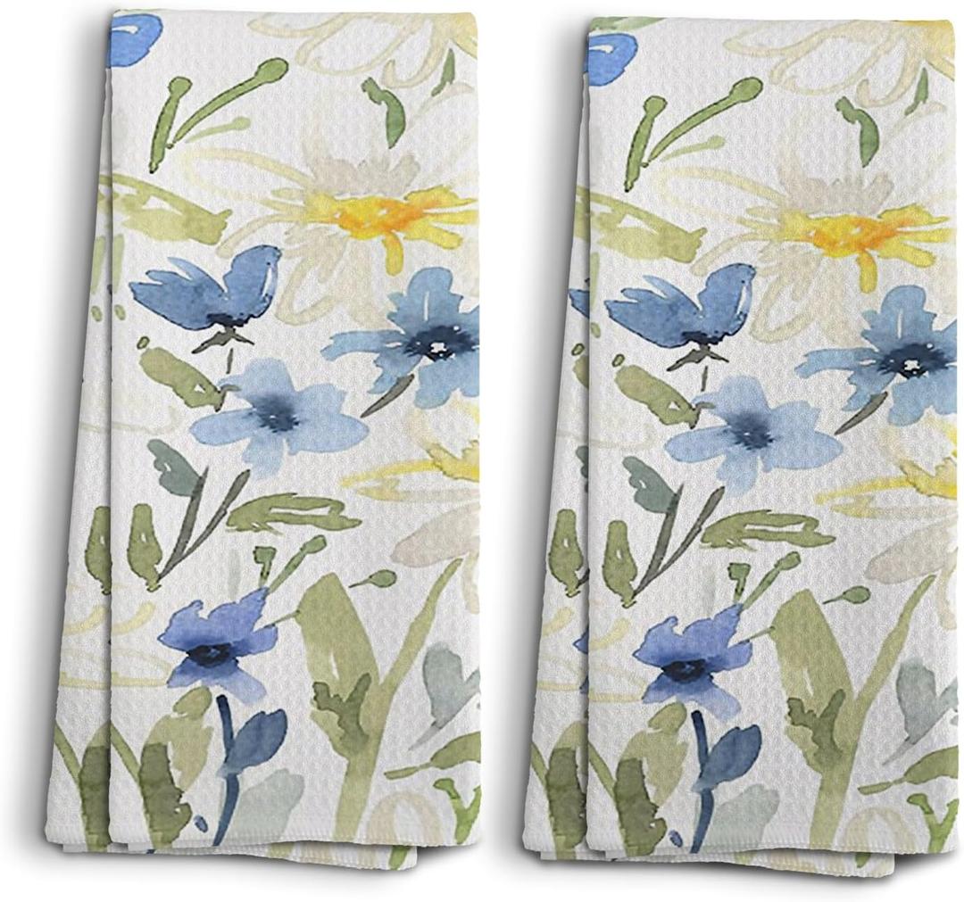 Floral Kitchen Towels, Wildflower Hand Towels, Daisy Flowers Prints Decoration for Home, Watercolor Flora Decor, Gifts for Women, Set of 2,16x24