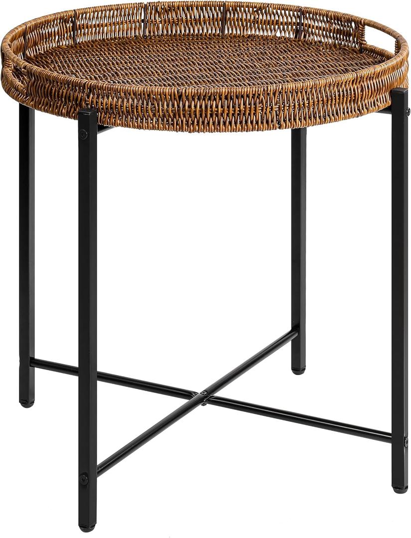 DINGTAI Brown Small Round End Table, 19in Rattan End Tables, Wicker Rattan Side Table, Round Sofa Side Table, Indoor Outdoor Side Tables for Patio, Living Room Bedroom Office
