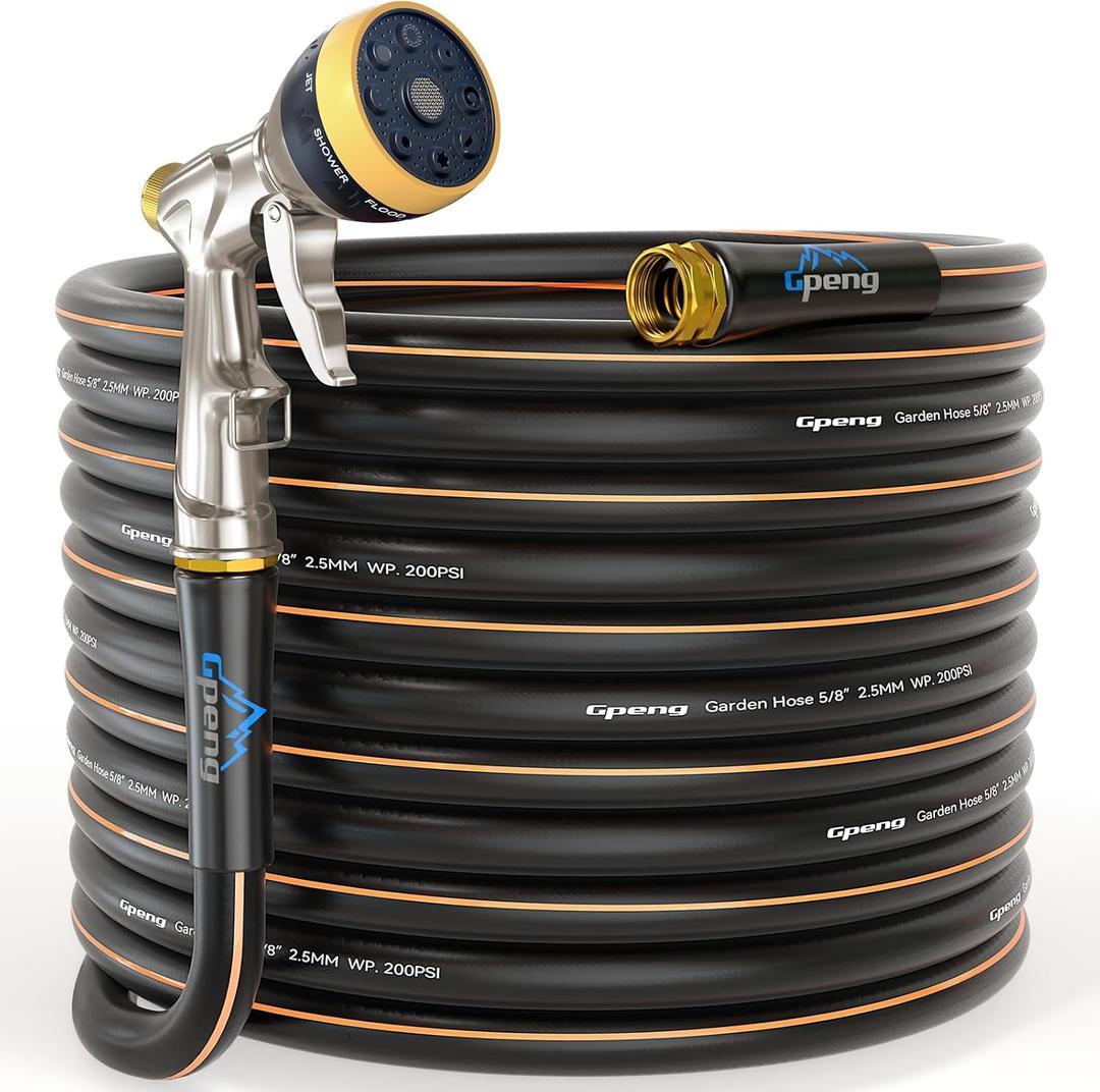 Gpeng Garden Hose 75ft x 5/8", Non-Expandable, Heavy Duty Water Hose with 100% Metal Garden Hose Nozzle, Flexible, Lightweight Hybrid Hose with Swivel Handle, Burst 600 PSI (Black+Nozzle)