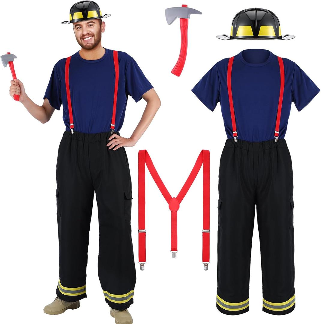 Hicarer 5 Pcs Firefighter Costume for Men Fireman Helmet Axe T Shirt Pants with Attached Suspenders Halloween Cosplay Outfit (XL, Black)