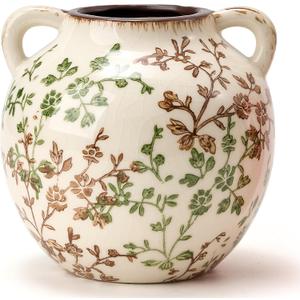 Green and Beige Antique Vase, 5.6 Inch Vintage Chinoiserie Floral Vase, Rustic Ceramic Vase for Home Decor, Living Room, Bookshelf, Office, Entryway, Garden, Chinoiserie Decor, Tuscan Decor