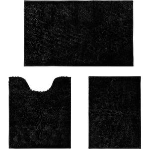 HOMEIDEAS Black Bathroom Rugs Sets 3 Piece, Butter Chenille Rugs and Mats, Shaggy, Absorbent, Non Slip, Luxury, Shiny, Washable Bath Mat for Bathroom, Shower (17"x24"+20"x32"+U Shape 20"x24")