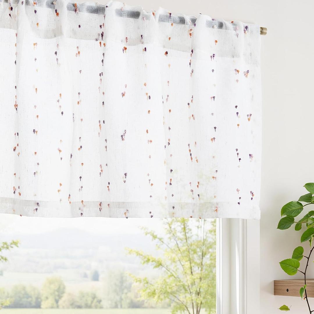jinchan Valance Curtains for Windows 16 Inch Colorful Mini Pom-Pom Country Farmhouse Kitchen Valance Semi Sheer Voile Samll Window Treatment for Bedroom Living Room Rod Pocket 1 Panel Amber Bloom