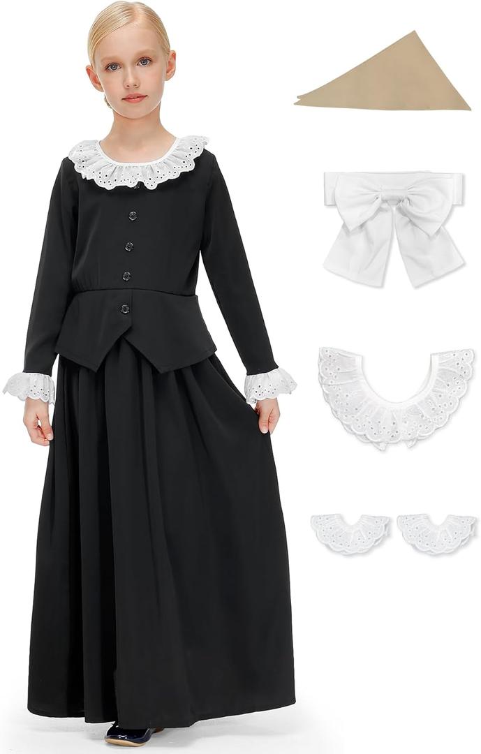 BesserBay Girls 5Pcs Colonial Black Costume Long Sleeve Ruffled Collars Button Dress, Size 6-14 Years