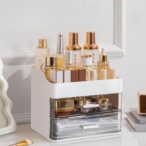 Makeup Organizer for Vanity, Vanity Organizer with 2 Drawers, Makeup & Skincare Organizers Countertop, Cosmetic Display Case, Vanity Storage Box(White)