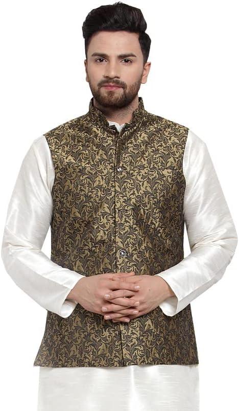 Maple Clothing Men's Nehru Jacket Brocade Indian Traditional Waistcoat Wedding Guest Outfit Vest, Size XL