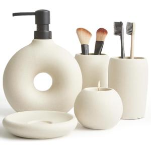 Ceramic Bathroom Accessory Set, 5 Pcs - Includes Soap Dispenser, Toothbrush Cup, Toothbrush Holder, Soap Dish & Candle Holder - Beige, Matte Glaze - Aesthetic Bathroom Decor