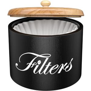 Wooden Coffee Filter Holder with Lid - Round Storage Container for Counter - Rustic Farmhouse Coffee Bar Accessories (Black)