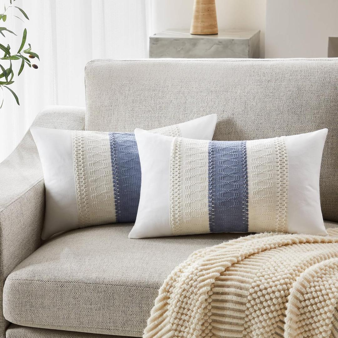 Soft Cotton Boho Lumbar Throw Pillow Covers Set of 2, Natural White/Contrast Blue 12x20 Inch, Blue Farmhouse Decorative Cushion Covers for Sofa Bed Living Room Home Decor