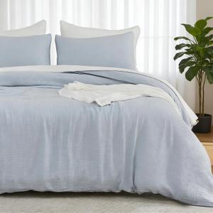 EMME Muslin Cotton Duvet Cover Set Queen Size Linen Like Soft Breathable Lightweight Summer Comforter Cover Set with Zipper Closure (Blue, Queen, 90"x90")