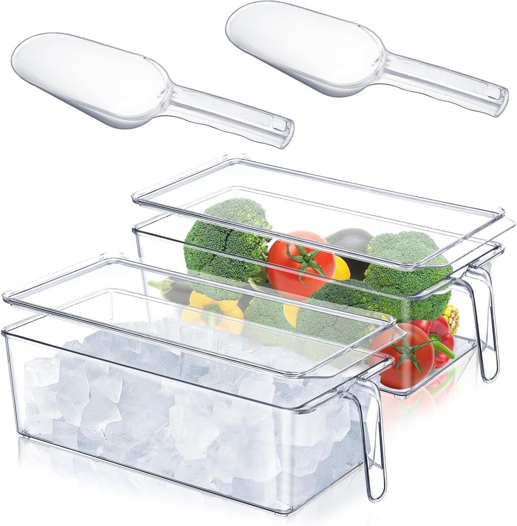 Havawish 4 Pcs Ice Storage Bin for Freezer with Lid and Flexible Scoop Set Plastic Ice Container with Lid Handle for Home Office Fridge Storage (12.4 x 5.91 x 3.94 Inches,Clear)
