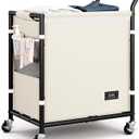SOLEDI Laundry Basket with Wheels,38 Gallons(145L) Laundry Hamper 2 Section,Sturdy Metal Frame with Handle,Laundry Cart,Rolling Laundry Basket for Bedroom Aesthetic,Easy to Assemble,Ivory
