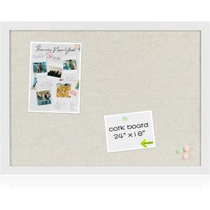 White Cork Board Bulletin Board with Linen, Wood Framed 24" x 18" Corkboard, Office Board for Wall Decor, Wall Mounted Pin Board Picture Board with 20 Pushpins for School, Home & Office