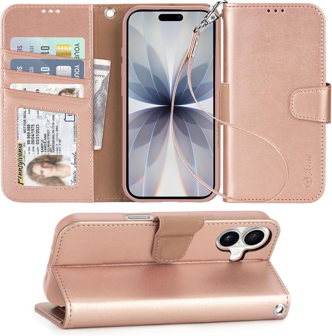 Arae Compatible with iPhone 17 Case Wallet with Card Holder, Wristlet Strap Wallet Flip Cover for iPhone 17 6.3 inch Men/Women, RFID Blocking, Kickstand, Rose Gold
