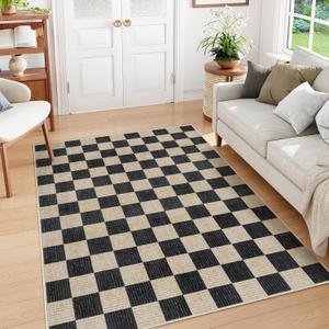 Machine Washable 5x7 Area Rugs for Living Room Checkered, Non Slip Soft Low Pile Farmhouse Geometric Modern Neutral Playroom Boys Rugs for Bedroom, Large Carpet Rugs for Dining Room(Black,5'x7') (5' x 7', Black/Checkerboard)