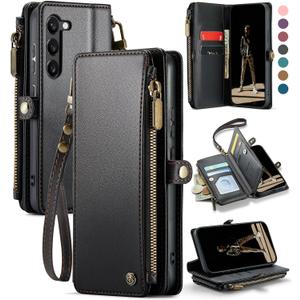 Defencase Compatible with Samsung Galaxy S23 Case Wallet with RFID Blocking Card Holder for Women Men, PU Leather Magnetic Snap Flip Zipper Strap Wallet Phone Case Fit for Galaxy S23 5G 6.1", Black