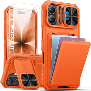SSLOTSCASE for iPhone 17 Case with 2X Screen Protector, Credit Card Holder & Kickstand & Slide Camera Lens Cover & Camera Stand & Wallet, Rugged Heavy Duty Men Women Case Cover for iPhone 17, Orange