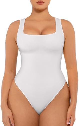 FeelinGirl Bodysuits for Women Seamless Square Neck Tummy Control Compression Thong Shapewear Bodysuit Tank Tops Bodysuit, Size M/L