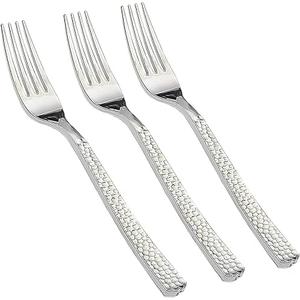 Supernal 300pcs Silver Plastic Forks, Premium Disposable Forks Polished, Special Hammered Design, Perfect for Big Party, Wedding and Any Catering Events, Perfect for Birthday, Party, Wedding