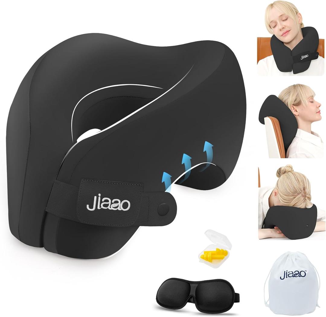 Travel Neck Pillow, Advanced Neck Support for International Flights, 3D Eye Masks, Ear Plugs and Storage Bag, Memory Foam U-Shaped Pillow for Travel, Sleep Rest, Trains, Road Trips (Black)