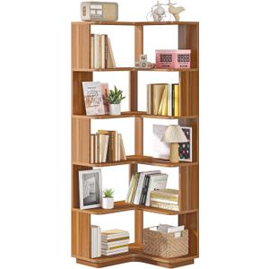 LITTLE TREE 6-Shelf Corner Bookshelf, 65 Tall L Shaped Bookcase, 6-Tier Industrial Corner Shelf Storage Display Rack for Living Room Home Office, Wood Grain Walnut