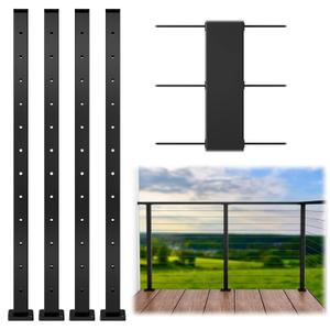 Muzata 4Pack Black Cable Railing Post 42 Inch 42"x2"x2" Level Drilled Surface Mount T304 Stainless Steel Cable Railing System Kit Indoor Outdoor with Paper User Guide PS02 BH4L