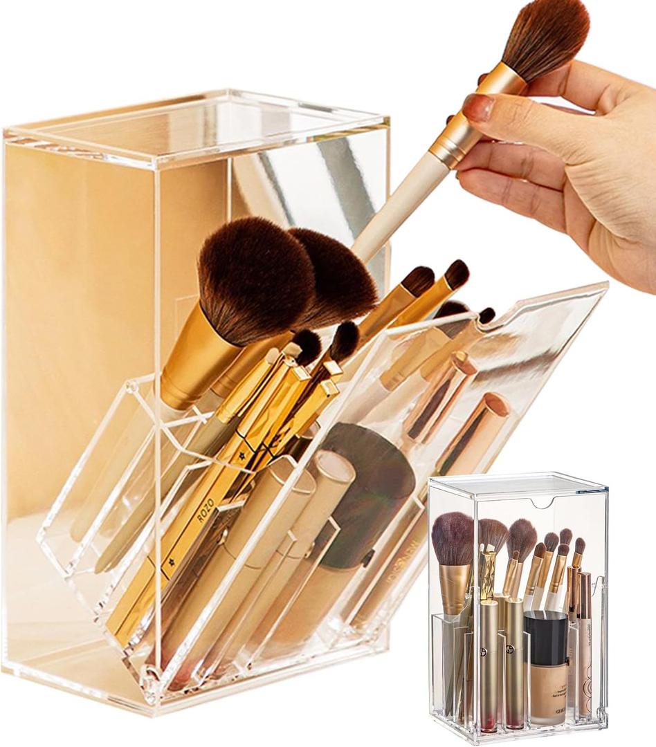Makeup Brush Organizer With Lid,Thickened Acrylic Brush Holder Dust ProofEasy To Take,Makeup Brush Storage For Vanity Suitable For Shanks Less Than 0.78 In
