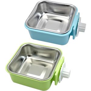 kathson Crate Dog Bowl, Removable Stainless Steel Hanging Pet Kennel Cage Bowl Food & Water Feeder Coop Cup for Puppy, Cat, Rabbit, Guinea Pigs 2pcs Small Square(Blue, Green)