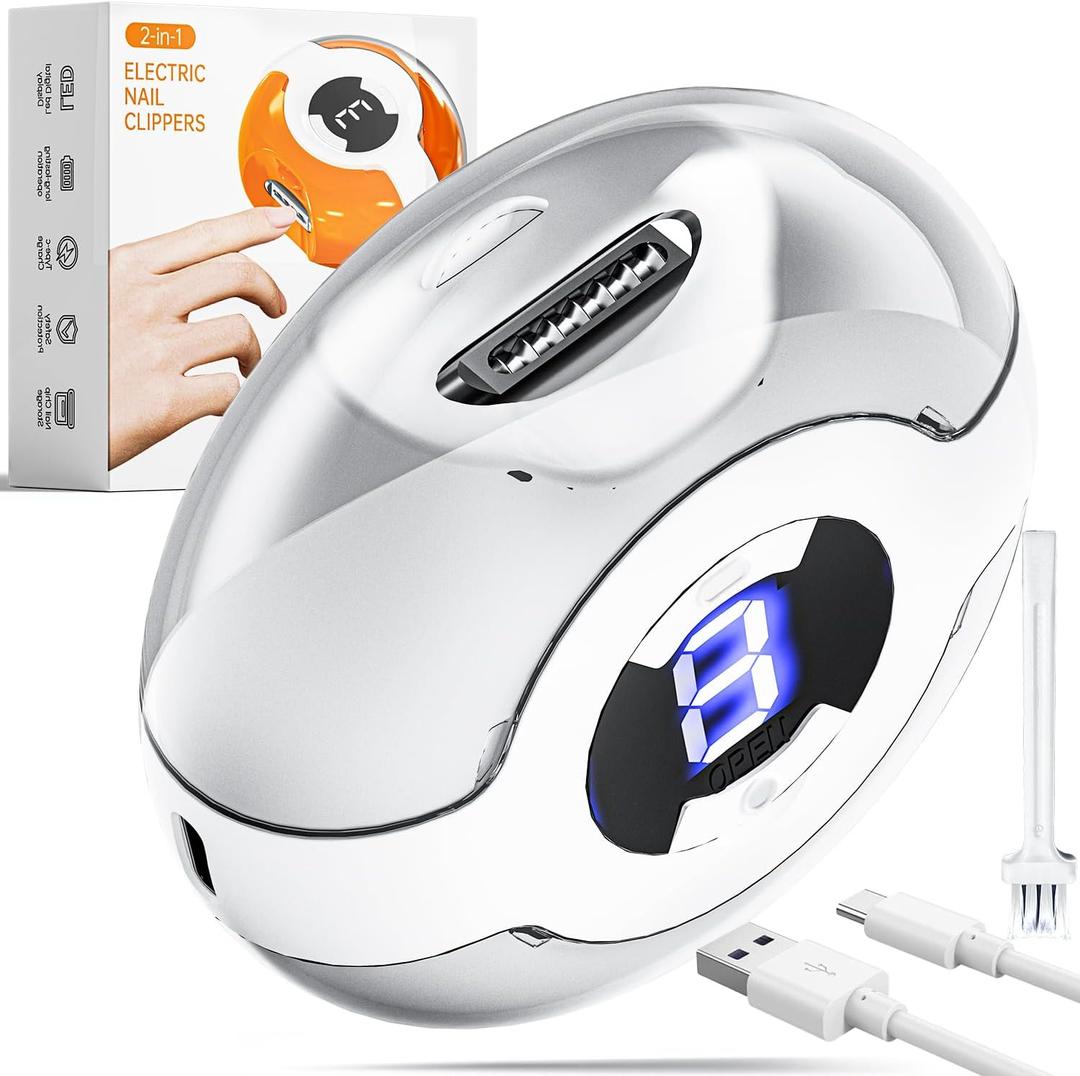 Electric Nail Clipper, Electric Nail Clippers for Seniors with LED Light, 2-in-1 Automatic Nail Trimmer with 3 Speeds for Baby, Adults & Kids, Electric Toenail Clipper (Beige)