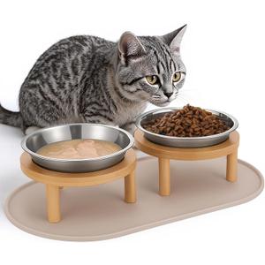 Elevated Cat Bowls with Food Mat,6.3 Inches Shallow Raised Bowls Whisker Friendly,2 Stainless Steel Cat Food and Water Dishes for Cats and Puppies,Dishwasher Safe