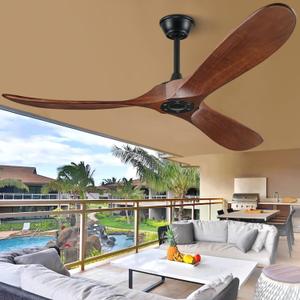 60 inch Ceiling Fan Without Light, Ceiling Fan no Light with Remote Control and Quiet DC Motor, Outdoor Ceiling Fans for Patios Without Lights, Solid Wood 3 Blades, ETL Listed- Walnut Wood