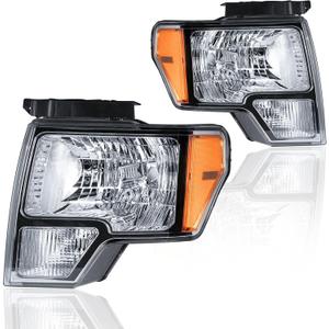 Headlight Assembly, Headlights Kit Compatible with 2009-2014 Ford F150 Replacement Headlamp Chrome Housing Amber Reflector