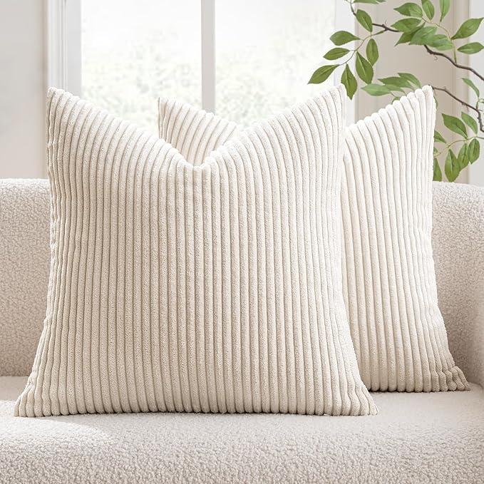 MIULEE Decorative Corduroy Pillow Covers Soft Solid Pack of 2 Cushion Cases Boho Square Throw Pillow Covers Cream White Boho Pillowcases for Couch Chair Sofa Bed Living Room Home Decor 18 x 18 Inch