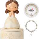 First Communion Gift Set for Girls - Resin Prayer Girl Figurine with Dove & Olive Branch Design, White Religious Keepsake Statue, Pearl Necklace Cross Pendant, Gift Box Set with Inspirational Message