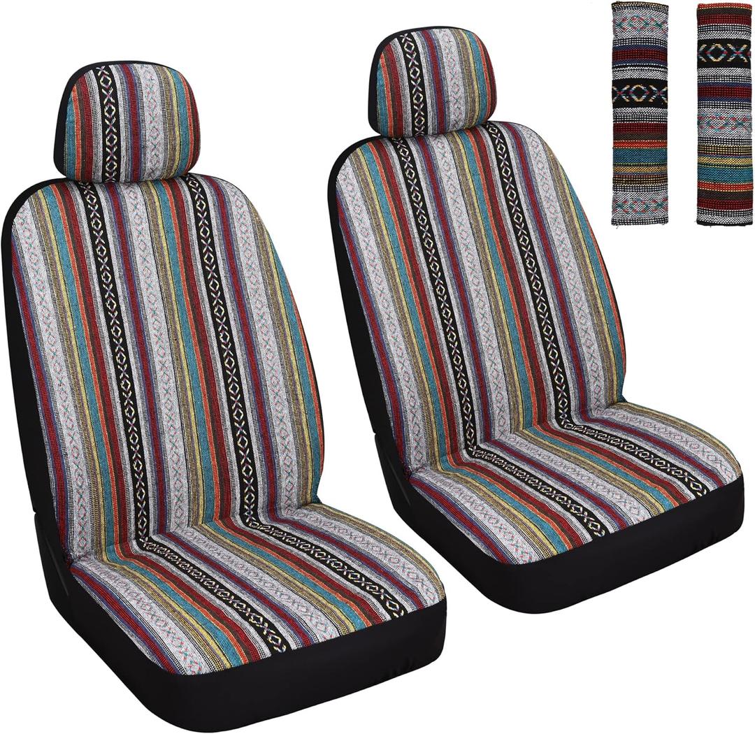 Baja Saddle Blanket Car Seat Covers Front Set with Seat Belt Pads, Washable Breathable Seat Covers for Cars, Universal Fit Interior Covers for Most Sedan Truck SUV, Airbag Compatible, Red