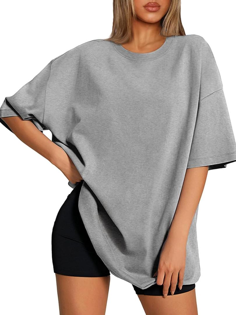 ATHMILE Womens Oversized T Shirts Loose Fit Crewneck Short Sleeve Tops Summer Casual Blouse 2025 Y2K Basic Tee Beach (Small, Grey)
