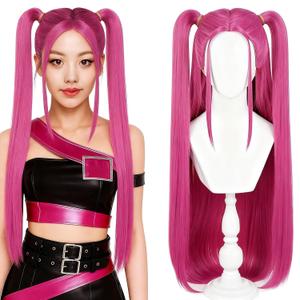 Long Hot Pink Cosplay Wig with 2 Ponytails - Halloween Cosplay Wigs for Women Costume Party (One size)