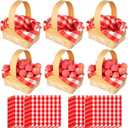 6 Pcs Mini Woven Baskets with Handles 20 Sheets Red Gingham Paper Napkins Wood Chip Small Flower Fruit Picnic Baskets for Wedding Party Favors Farmhouse Decor